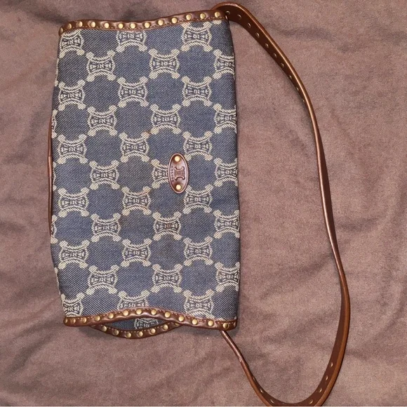 Celine Denim and Brown leather Studded Shoulder Bag - Picture 2 of 16